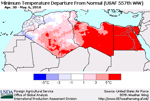 North Africa Mean Minimum Temperature Departure from Normal (USAF 557th WW) Thematic Map For 4/30/2018 - 5/6/2018