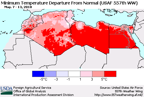 North Africa Mean Minimum Temperature Departure from Normal (USAF 557th WW) Thematic Map For 5/7/2018 - 5/13/2018