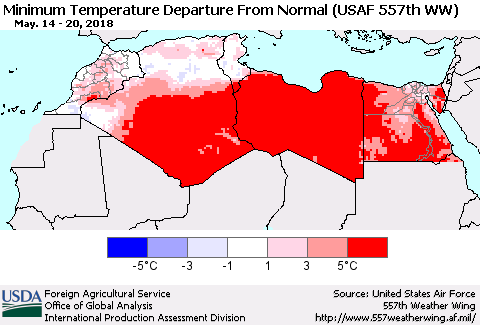 North Africa Mean Minimum Temperature Departure from Normal (USAF 557th WW) Thematic Map For 5/14/2018 - 5/20/2018