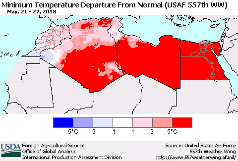North Africa Mean Minimum Temperature Departure from Normal (USAF 557th WW) Thematic Map For 5/21/2018 - 5/27/2018
