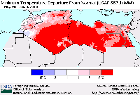 North Africa Mean Minimum Temperature Departure from Normal (USAF 557th WW) Thematic Map For 5/28/2018 - 6/3/2018