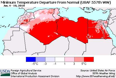 North Africa Mean Minimum Temperature Departure from Normal (USAF 557th WW) Thematic Map For 6/4/2018 - 6/10/2018