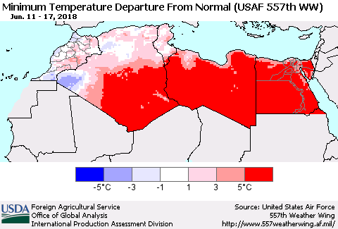 North Africa Mean Minimum Temperature Departure from Normal (USAF 557th WW) Thematic Map For 6/11/2018 - 6/17/2018