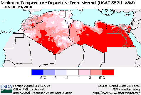 North Africa Mean Minimum Temperature Departure from Normal (USAF 557th WW) Thematic Map For 6/18/2018 - 6/24/2018