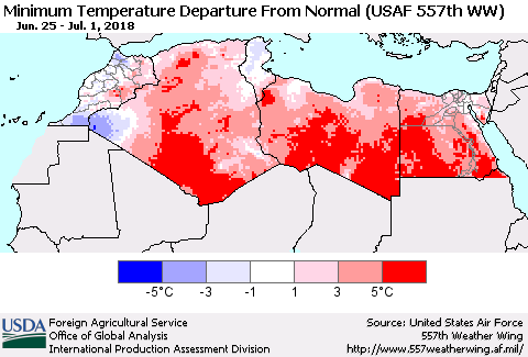 North Africa Mean Minimum Temperature Departure from Normal (USAF 557th WW) Thematic Map For 6/25/2018 - 7/1/2018