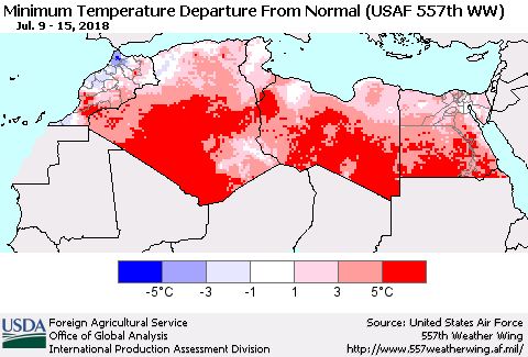 North Africa Mean Minimum Temperature Departure from Normal (USAF 557th WW) Thematic Map For 7/9/2018 - 7/15/2018