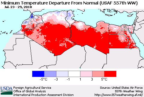 North Africa Mean Minimum Temperature Departure from Normal (USAF 557th WW) Thematic Map For 7/23/2018 - 7/29/2018
