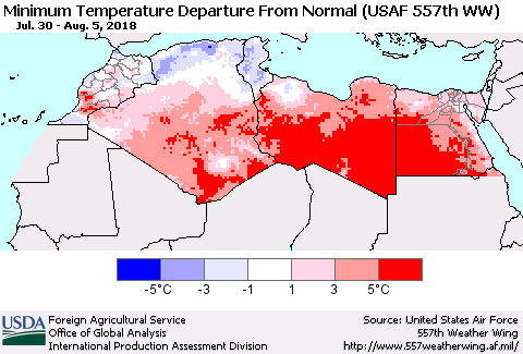 North Africa Mean Minimum Temperature Departure from Normal (USAF 557th WW) Thematic Map For 7/30/2018 - 8/5/2018