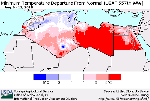 North Africa Mean Minimum Temperature Departure from Normal (USAF 557th WW) Thematic Map For 8/6/2018 - 8/12/2018