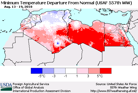 North Africa Mean Minimum Temperature Departure from Normal (USAF 557th WW) Thematic Map For 8/13/2018 - 8/19/2018