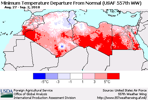 North Africa Mean Minimum Temperature Departure from Normal (USAF 557th WW) Thematic Map For 8/27/2018 - 9/2/2018