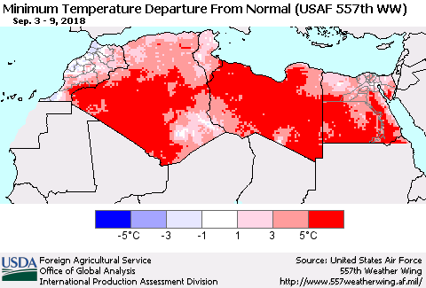North Africa Mean Minimum Temperature Departure from Normal (USAF 557th WW) Thematic Map For 9/3/2018 - 9/9/2018
