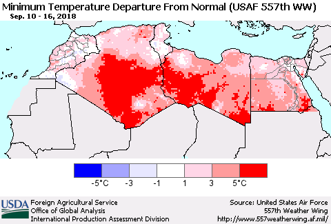 North Africa Mean Minimum Temperature Departure from Normal (USAF 557th WW) Thematic Map For 9/10/2018 - 9/16/2018