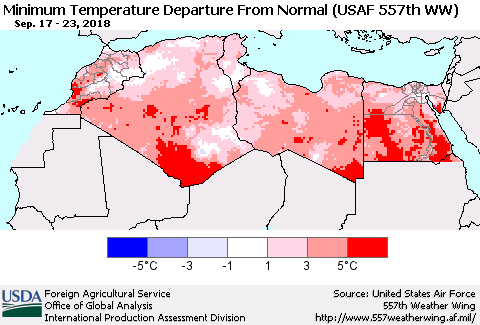 North Africa Mean Minimum Temperature Departure from Normal (USAF 557th WW) Thematic Map For 9/17/2018 - 9/23/2018