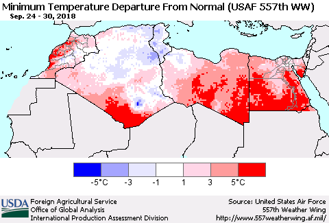 North Africa Mean Minimum Temperature Departure from Normal (USAF 557th WW) Thematic Map For 9/24/2018 - 9/30/2018