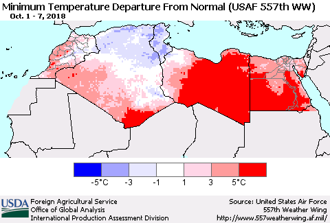 North Africa Mean Minimum Temperature Departure from Normal (USAF 557th WW) Thematic Map For 10/1/2018 - 10/7/2018