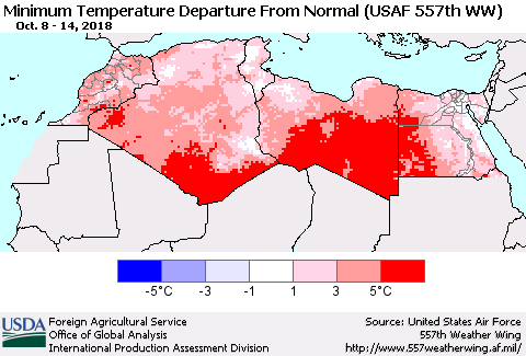 North Africa Mean Minimum Temperature Departure from Normal (USAF 557th WW) Thematic Map For 10/8/2018 - 10/14/2018