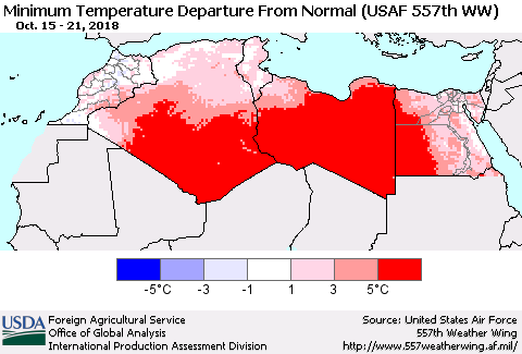 North Africa Mean Minimum Temperature Departure from Normal (USAF 557th WW) Thematic Map For 10/15/2018 - 10/21/2018