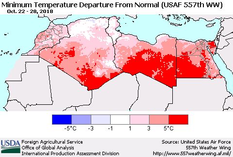 North Africa Mean Minimum Temperature Departure from Normal (USAF 557th WW) Thematic Map For 10/22/2018 - 10/28/2018