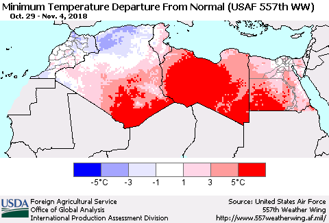 North Africa Mean Minimum Temperature Departure from Normal (USAF 557th WW) Thematic Map For 10/29/2018 - 11/4/2018
