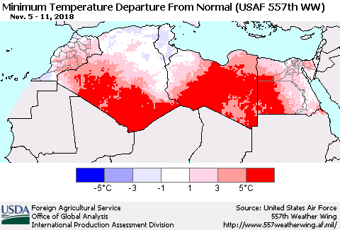 North Africa Mean Minimum Temperature Departure from Normal (USAF 557th WW) Thematic Map For 11/5/2018 - 11/11/2018