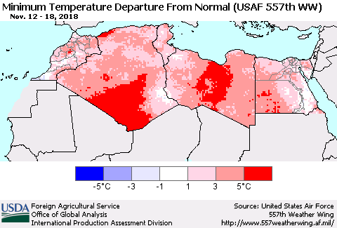 North Africa Mean Minimum Temperature Departure from Normal (USAF 557th WW) Thematic Map For 11/12/2018 - 11/18/2018