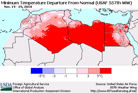 North Africa Mean Minimum Temperature Departure from Normal (USAF 557th WW) Thematic Map For 11/19/2018 - 11/25/2018