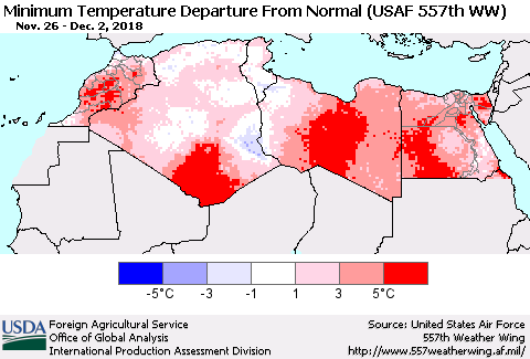 North Africa Mean Minimum Temperature Departure from Normal (USAF 557th WW) Thematic Map For 11/26/2018 - 12/2/2018