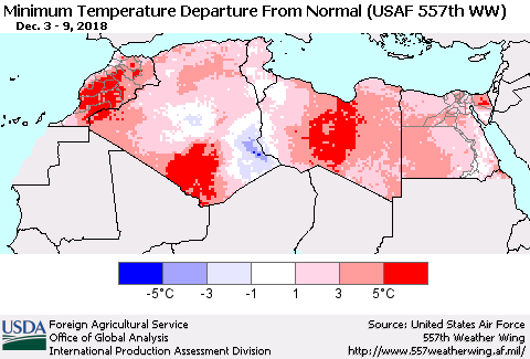 North Africa Mean Minimum Temperature Departure from Normal (USAF 557th WW) Thematic Map For 12/3/2018 - 12/9/2018