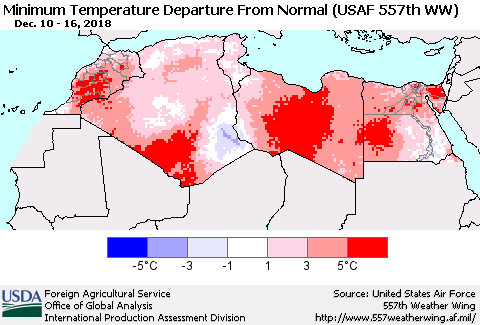 North Africa Mean Minimum Temperature Departure from Normal (USAF 557th WW) Thematic Map For 12/10/2018 - 12/16/2018