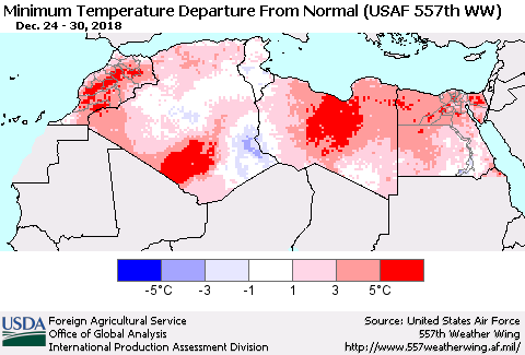 North Africa Mean Minimum Temperature Departure from Normal (USAF 557th WW) Thematic Map For 12/24/2018 - 12/30/2018