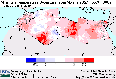 North Africa Mean Minimum Temperature Departure from Normal (USAF 557th WW) Thematic Map For 12/31/2018 - 1/6/2019