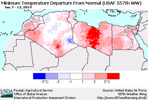 North Africa Mean Minimum Temperature Departure from Normal (USAF 557th WW) Thematic Map For 1/7/2019 - 1/13/2019