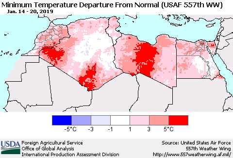 North Africa Mean Minimum Temperature Departure from Normal (USAF 557th WW) Thematic Map For 1/14/2019 - 1/20/2019