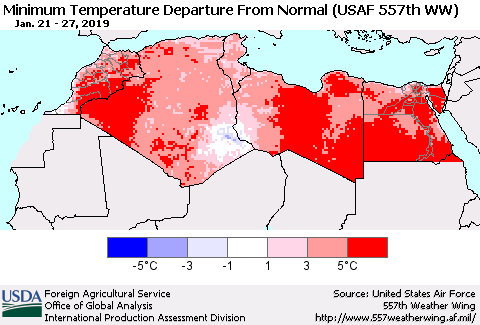 North Africa Mean Minimum Temperature Departure from Normal (USAF 557th WW) Thematic Map For 1/21/2019 - 1/27/2019