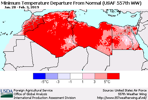 North Africa Mean Minimum Temperature Departure from Normal (USAF 557th WW) Thematic Map For 1/28/2019 - 2/3/2019
