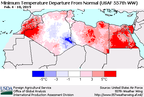 North Africa Mean Minimum Temperature Departure from Normal (USAF 557th WW) Thematic Map For 2/4/2019 - 2/10/2019