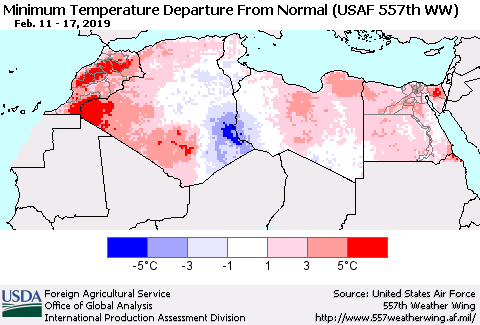 North Africa Mean Minimum Temperature Departure from Normal (USAF 557th WW) Thematic Map For 2/11/2019 - 2/17/2019