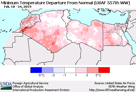 North Africa Mean Minimum Temperature Departure from Normal (USAF 557th WW) Thematic Map For 2/18/2019 - 2/24/2019