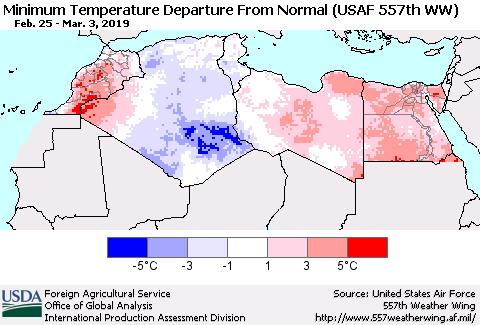 North Africa Mean Minimum Temperature Departure from Normal (USAF 557th WW) Thematic Map For 2/25/2019 - 3/3/2019