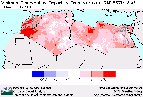 North Africa Mean Minimum Temperature Departure from Normal (USAF 557th WW) Thematic Map For 3/11/2019 - 3/17/2019