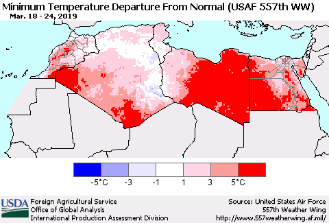 North Africa Mean Minimum Temperature Departure from Normal (USAF 557th WW) Thematic Map For 3/18/2019 - 3/24/2019