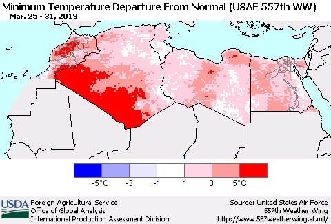 North Africa Mean Minimum Temperature Departure from Normal (USAF 557th WW) Thematic Map For 3/25/2019 - 3/31/2019