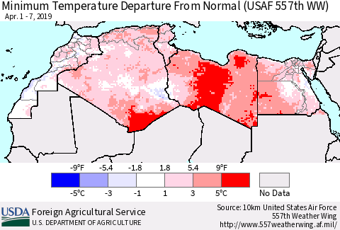 North Africa Mean Minimum Temperature Departure from Normal (USAF 557th WW) Thematic Map For 4/1/2019 - 4/7/2019