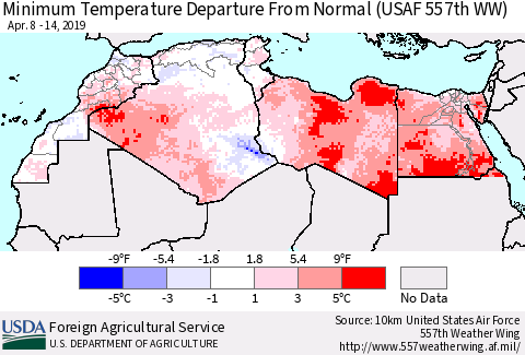 North Africa Mean Minimum Temperature Departure from Normal (USAF 557th WW) Thematic Map For 4/8/2019 - 4/14/2019
