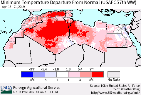 North Africa Mean Minimum Temperature Departure from Normal (USAF 557th WW) Thematic Map For 4/15/2019 - 4/21/2019