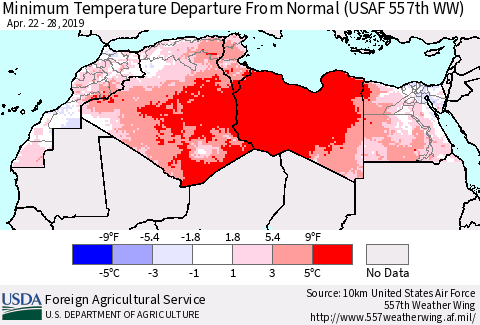 North Africa Mean Minimum Temperature Departure from Normal (USAF 557th WW) Thematic Map For 4/22/2019 - 4/28/2019