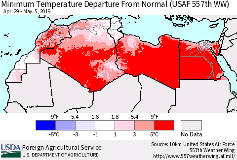 North Africa Mean Minimum Temperature Departure from Normal (USAF 557th WW) Thematic Map For 4/29/2019 - 5/5/2019