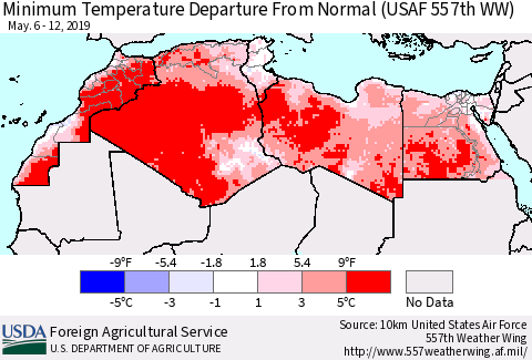 North Africa Mean Minimum Temperature Departure from Normal (USAF 557th WW) Thematic Map For 5/6/2019 - 5/12/2019