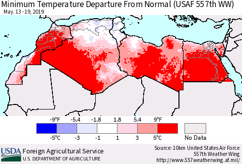 North Africa Mean Minimum Temperature Departure from Normal (USAF 557th WW) Thematic Map For 5/13/2019 - 5/19/2019